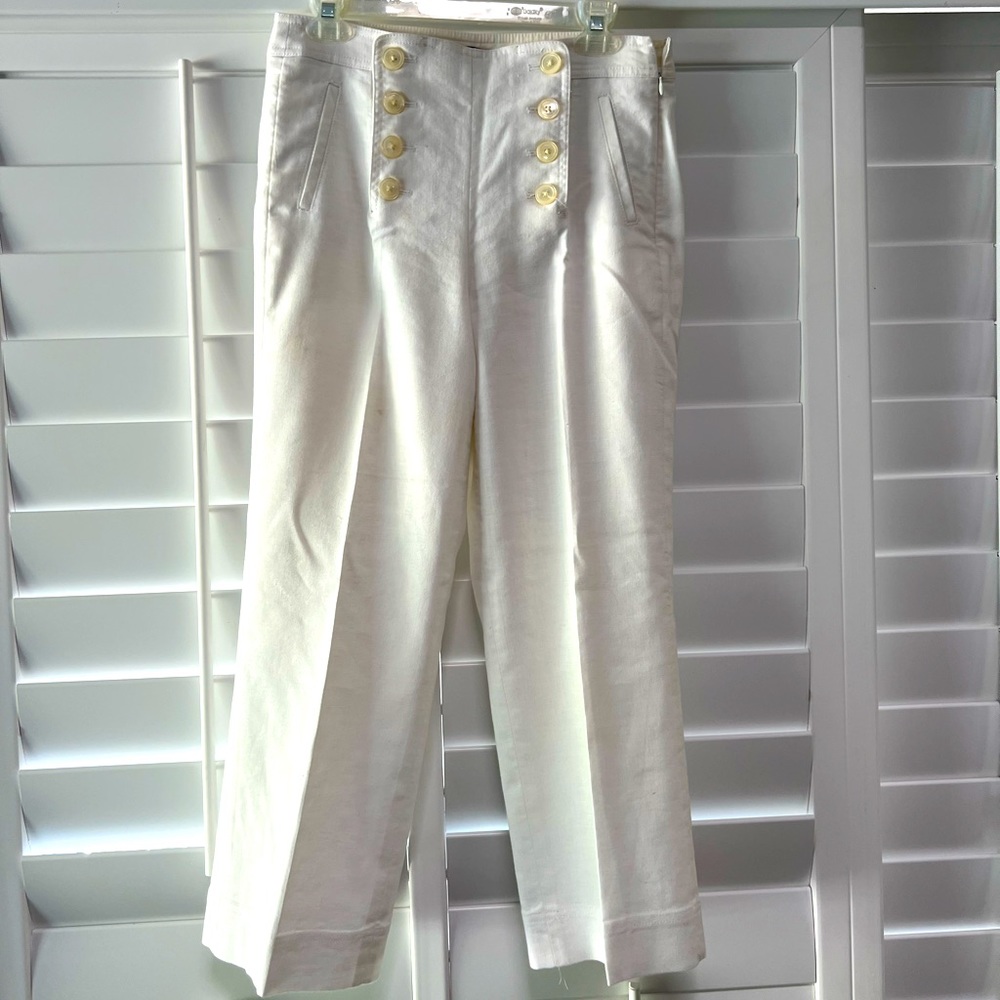 J crew cropped linen/ poly fully lined white sailor pants. Side zip size 6